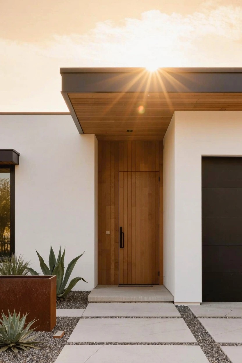 Modern white stucco house exterior featuring a vertical-slatted wooden front door, black garage door, agave plants in a rusted metal planter box, and pebble-lined concrete pathway at sunset.