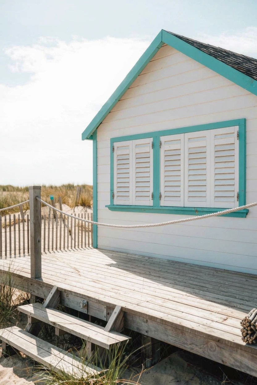 White clapboard beach house with teal shutters, trim, and roof edging on a raised wooden deck surrounded by sand dunes and grass.