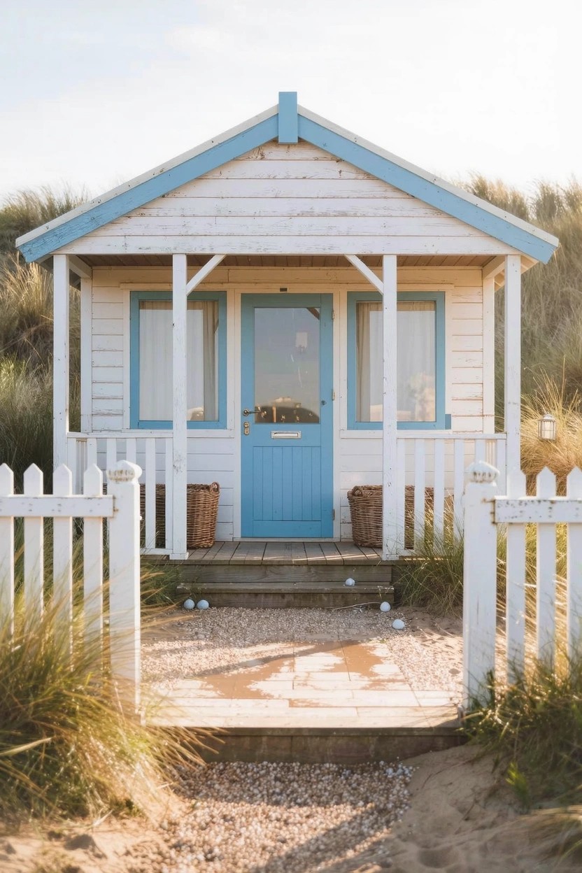 Small white wooden beach hut with blue front door and window frames, white porch, picket fence gate, gravel path, and surrounding dune grass.