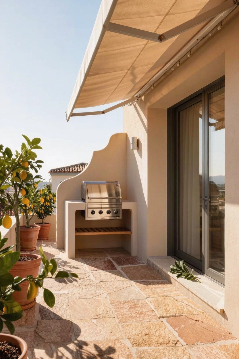 Shaded outdoor patio with built-in stainless steel barbecue grill on low cream counter against beige stucco wall, potted lemon trees nearby, glass sliding door, and terracotta tile floor.