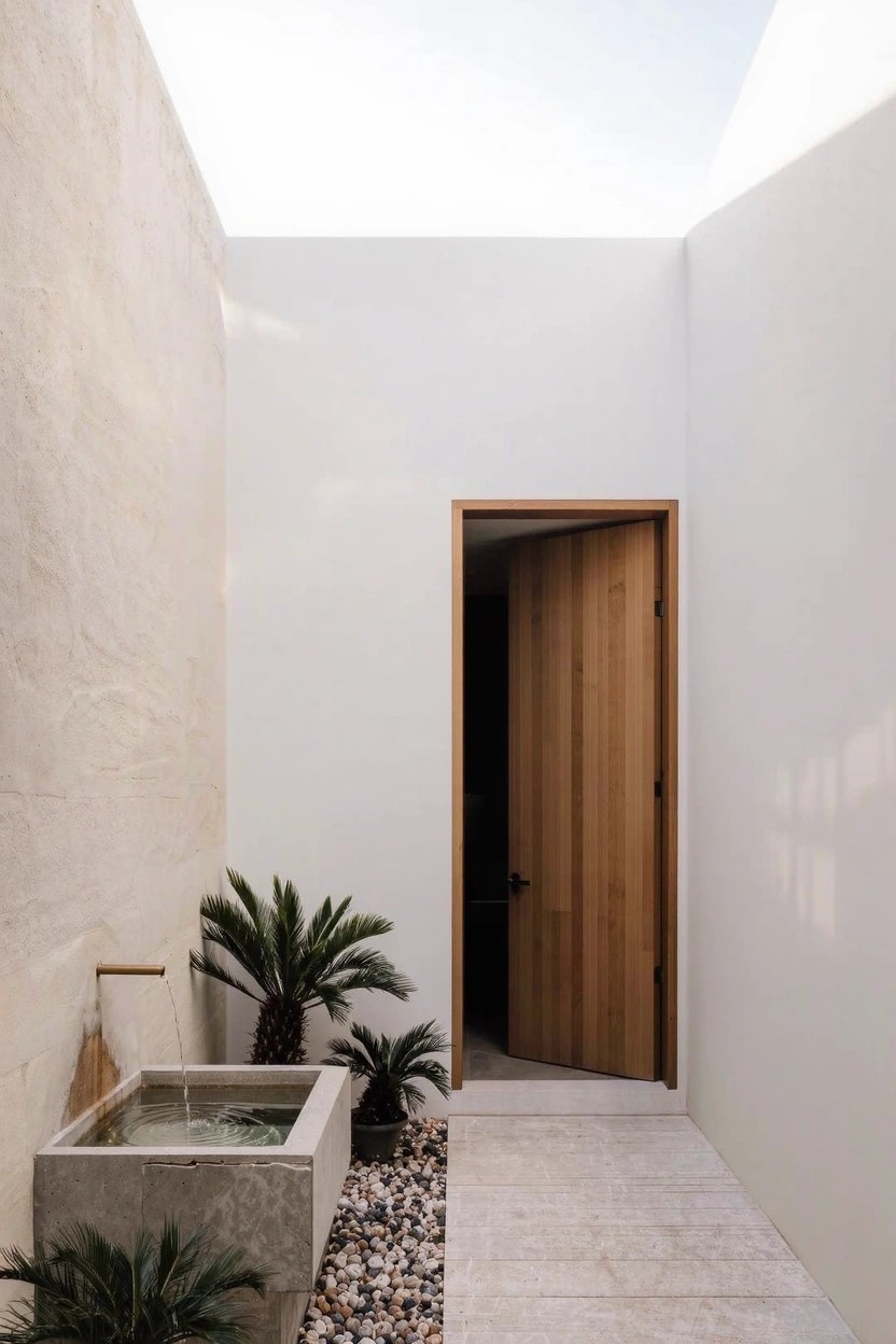 Narrow outdoor courtyard with beige and white stucco walls, open wooden door, concrete fountain containing water and surrounded by palm plants and pebbles, stone pathway.