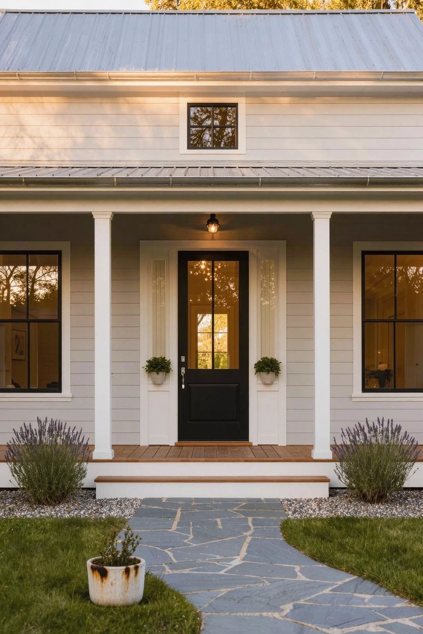 White clapboard house with gray metal roof, covered front porch supported by white columns, central black door with glass panels, black-framed windows on either side, stone pathway leading to wooden porch steps with potted lavender plants, gravel borders, and grass lawn.