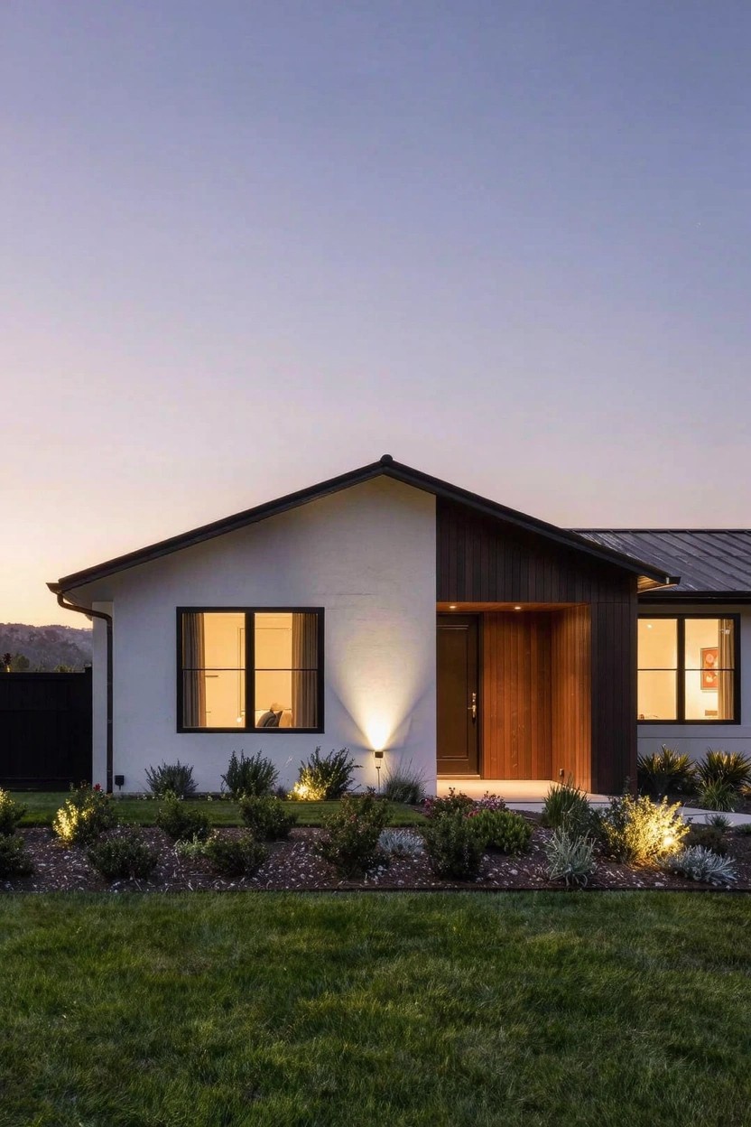 Single-story modern house with white stucco walls, dark vertical timber cladding on entry and one gable end, black-framed windows, dark metal roof, uplights at entry, gravel-mulched plants, and green lawn at dusk.