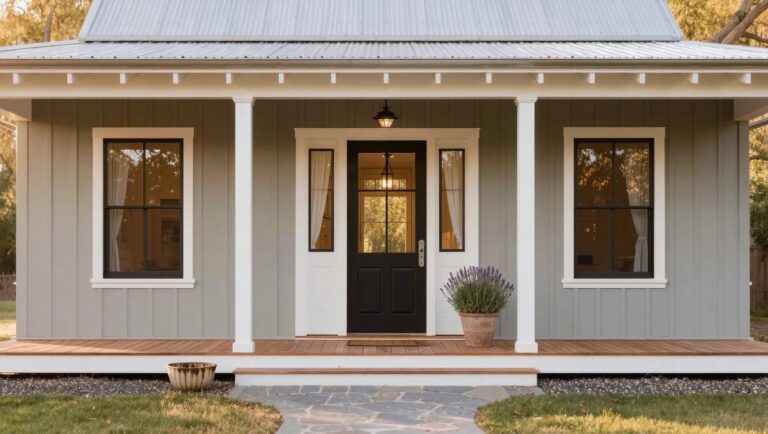 23 Beautiful Simple Home Exterior Designs For A Calm Refreshed Vibe White clapboard house with gray metal roof, covered front porch supported by white columns, central black door with glass panels, black-framed windows on either side, stone pathway leading to wooden porch steps with potted lavender plants, gravel borders, and grass lawn.