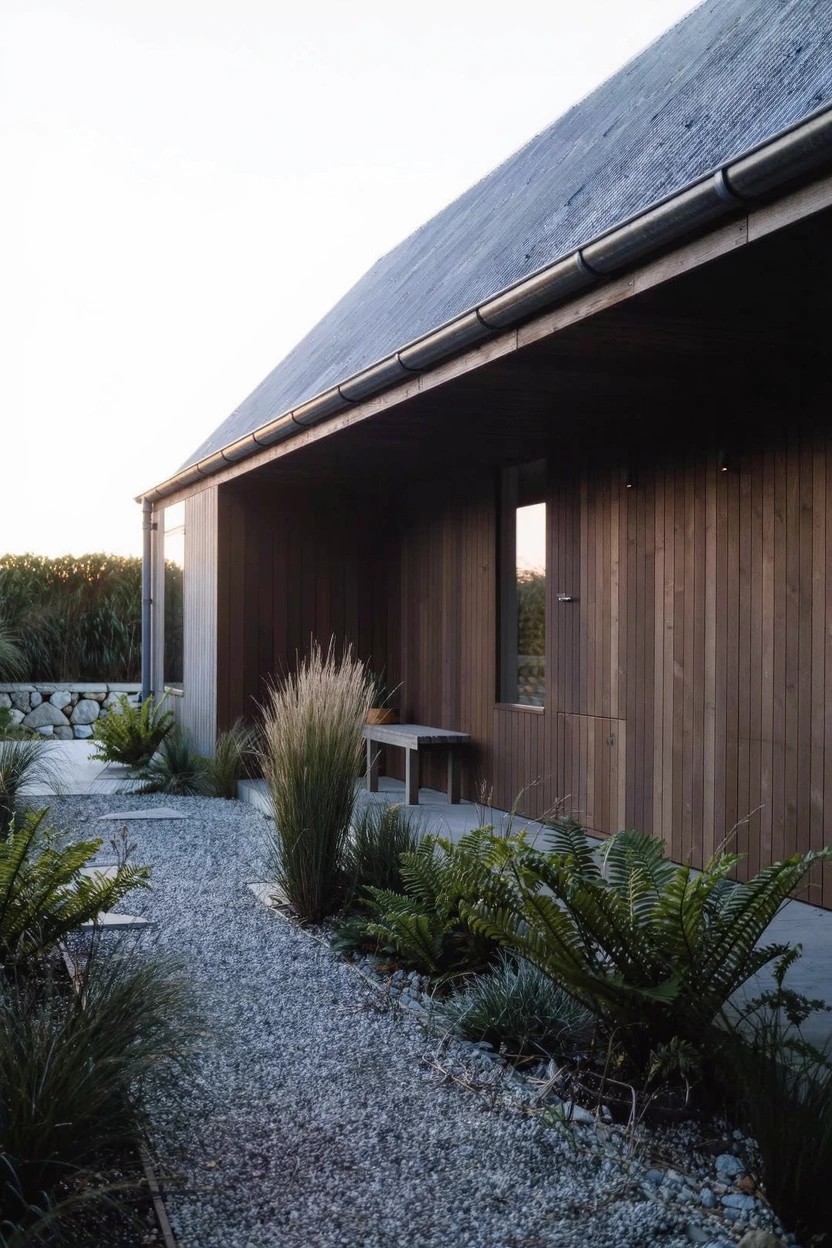 Exterior view of a modern house with dark wood cladding and sloped roof, featuring a gravel pathway edged by tall grasses and ferns leading to a covered wooden entry area with a bench.
