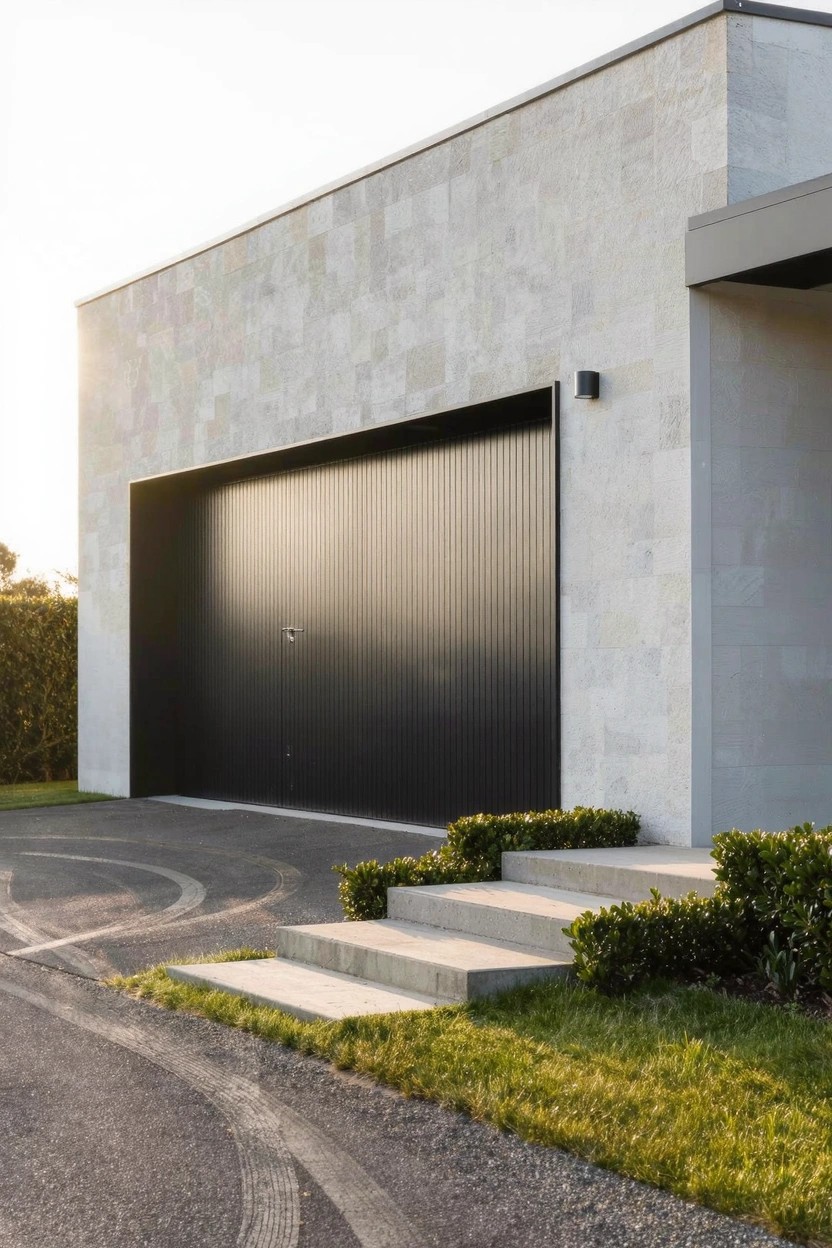 Modern house exterior with light gray stone walls, large black vertical slat garage door, short concrete steps flanked by boxwood shrubs, curved driveway, and grass lawn in evening light.