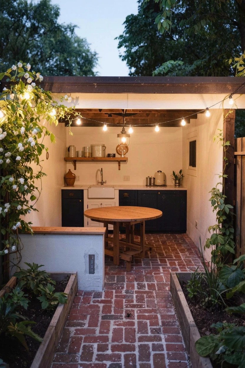 Pergola-covered outdoor kitchen with white cabinets, sink, wooden round table and chairs on brick pavers, surrounded by climbing roses, string lights, shelves, and raised garden beds in a backyard at dusk.