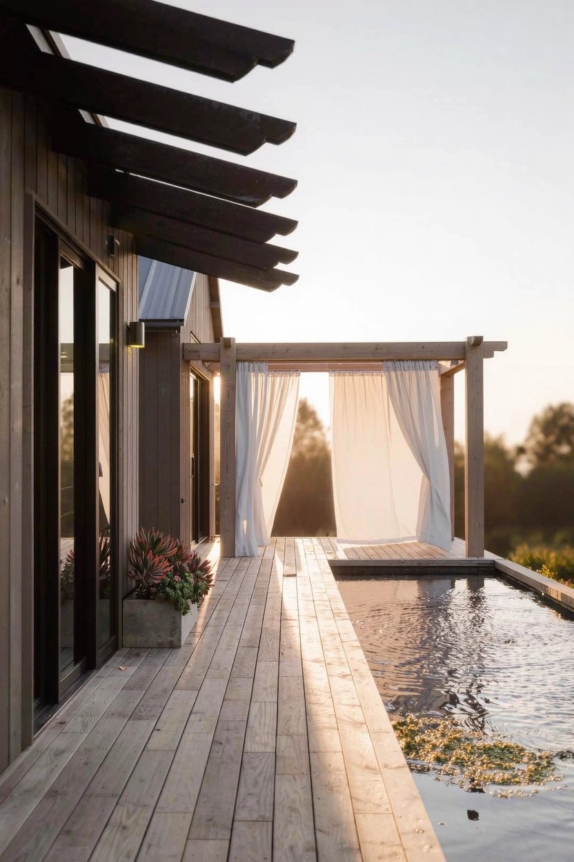 Wooden house exterior with large glass doors opening to a deck beside an infinity-edge pool edged by a pergola with hanging white sheer curtains at sunset.