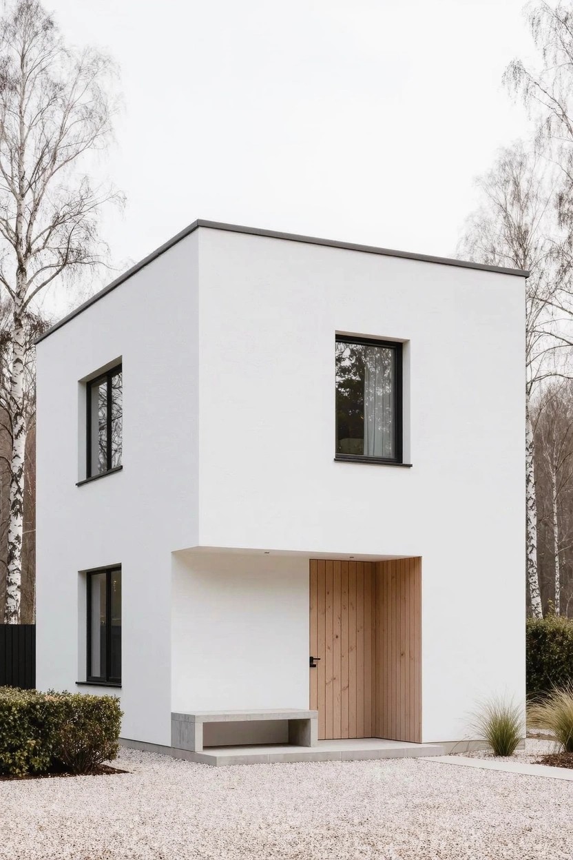 A two-story white cubic house with black-framed rectangular windows, wooden front door and bench on a gravel area surrounded by trees and low shrubs.