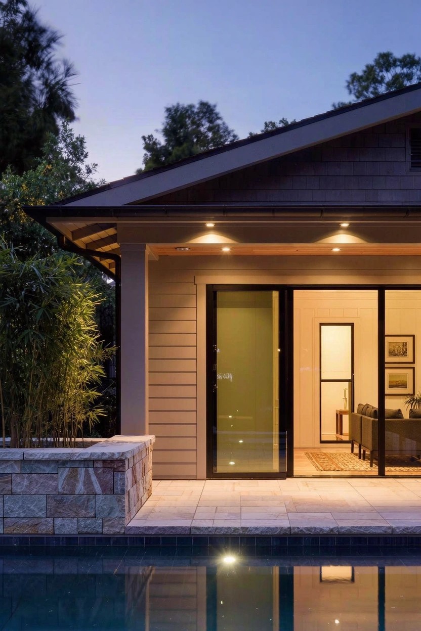 Dusk view of a beige shingled house with open green-tinted sliding glass doors to a covered patio next to a rectangular pool, featuring recessed eaves lighting, bamboo plants, a stone planter wall, and interior furniture visible.