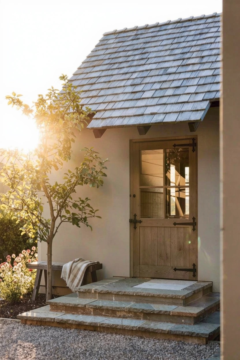 Small beige stucco structure with gray shake shingle roof, wooden door featuring glass panels and iron hinges, three light stone steps ascending to the entry, young tree and bench to the side, gravel path, plants, and flowers in golden hour sunlight.
