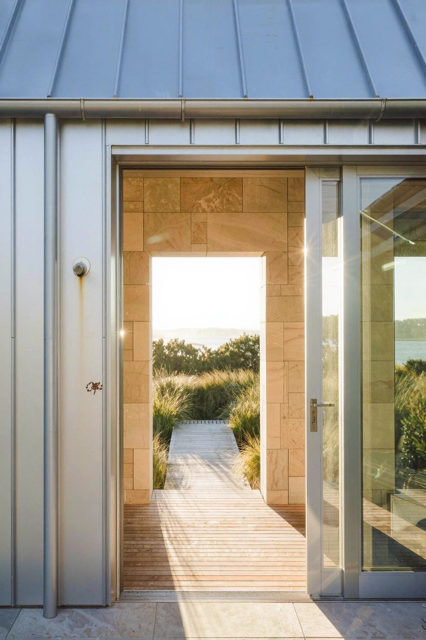 Exterior view of a modern house with corrugated silver metal roof and siding, a recessed beige stone archway holding open glass sliding doors, wooden boardwalk pathway through tall grasses, and coastal dunes in the background at sunset.