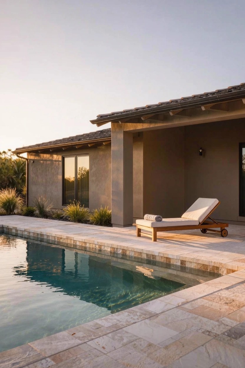 Beige stucco house with flat roof overhang, light stone paver deck, wooden chaise lounge with white cushions and towel next to rectangular turquoise pool, sparse desert grasses, at sunset.