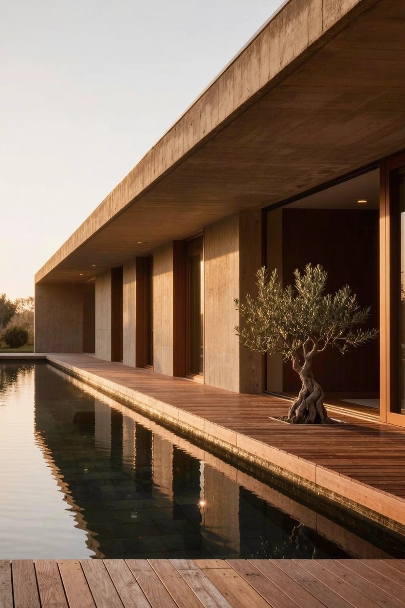 Beige concrete house exterior with multiple glass doors, wooden deck walkway parallel to a long narrow reflecting pool, potted olive tree on the deck, and warm evening light.