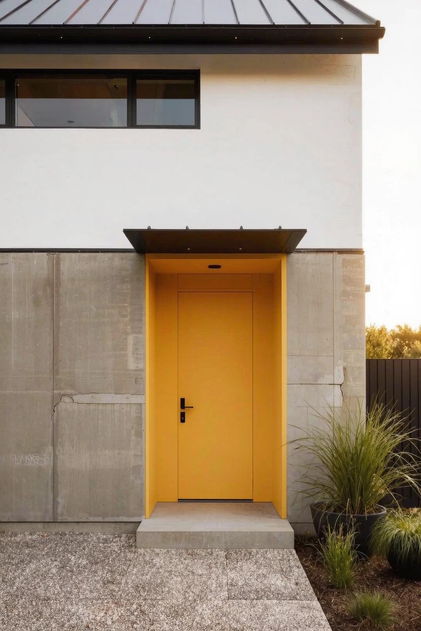 Modern house exterior featuring white upper walls over gray concrete base, black metal roof and entry overhang, bright yellow front door with black handle, concrete step, gravel driveway, and grasses nearby.