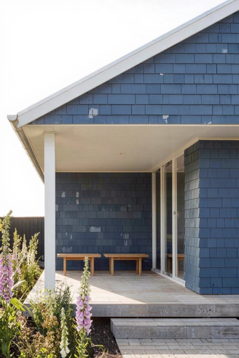 Side exterior of a modern house with dark blue shingle siding, white-trimmed covered porch supported by posts, wooden benches on the deck, glass entry doors, concrete steps, and tall pink foxglove flowers beside white posts.