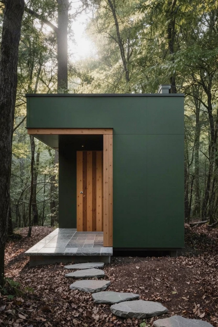 Small rectangular green house with wooden slat door and overhanging entry in a forest, with stone stepping path leading up to it.