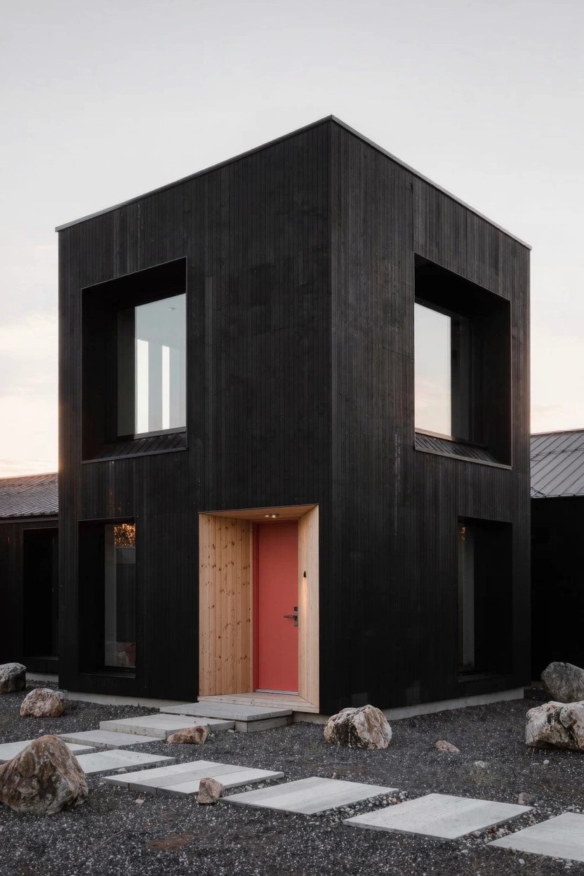 Corner view of a small cubic house clad in dark wood planks, featuring large framed windows, a recessed red front door with wood surround, stone paver path, and scattered large rocks on gravel ground.