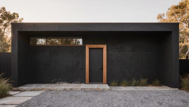 Modern minimalist house with matte black textured walls, narrow horizontal window, warm wood entry door, gravel pathway, and sparse plants in front during golden hour.