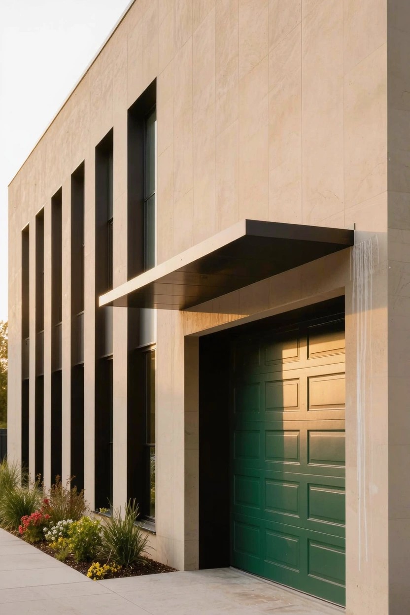Beige stucco house exterior with vertical black-framed windows, black cantilevered awning over a green paneled garage door, and low border plants along the concrete walkway.