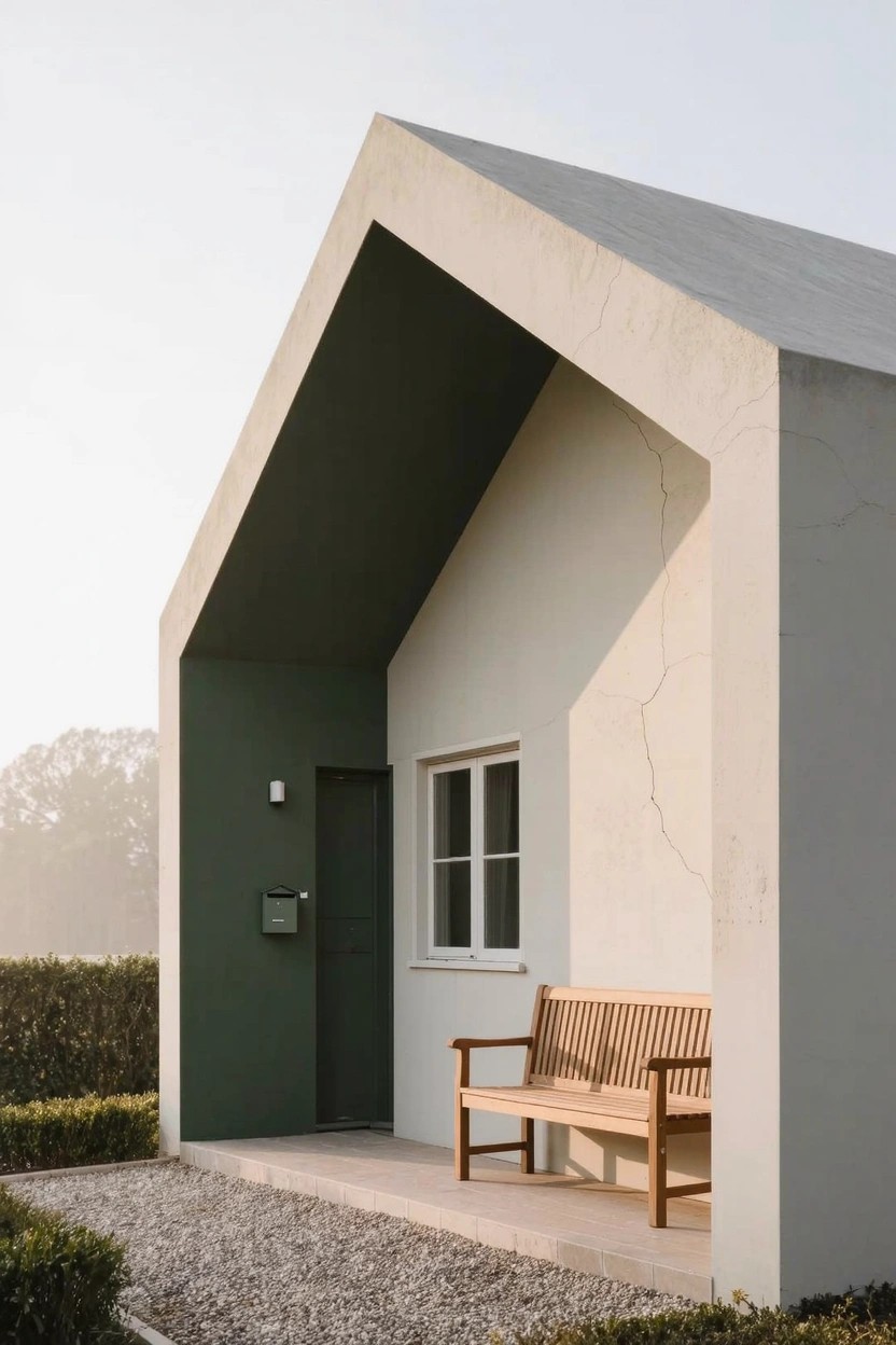 Modern minimalist house with white stucco walls, green door, green-painted roof overhang underside, and wooden bench on a small porch beside gravel path and hedges.