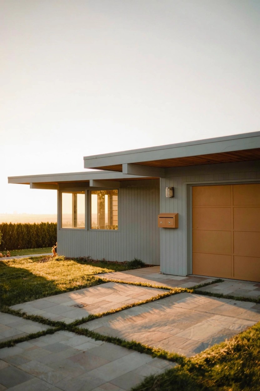 Modern single-story house with light gray siding, large windows, wooden garage door, concrete paver driveway with grass between slabs, wooden mailbox, and hedge landscaping at golden hour.