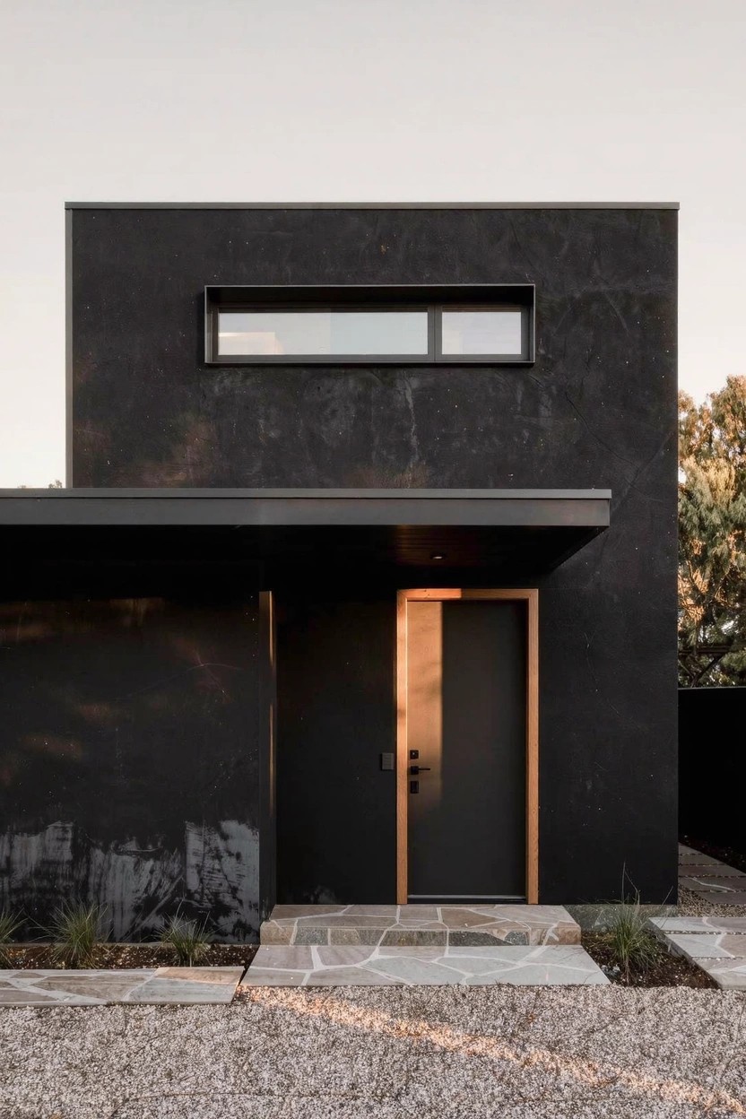 Modern minimalist house with matte black textured walls, narrow horizontal window, warm wood entry door, gravel pathway, and sparse plants in front during golden hour.