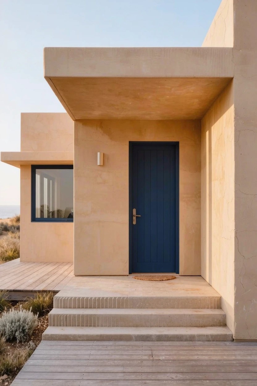Beige stucco house exterior with a navy blue front door, black-framed window, wooden deck steps, wall light, doormat, and sparse desert plants.