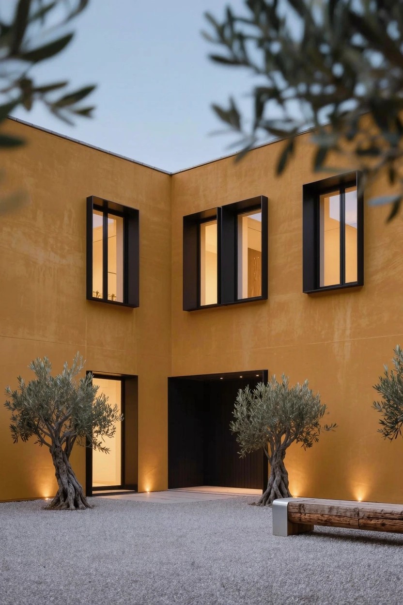 Ochre yellow stucco corner house with black-framed windows, black entry door, two olive trees, gravel courtyard, wood bench, and warm ground lighting at dusk.