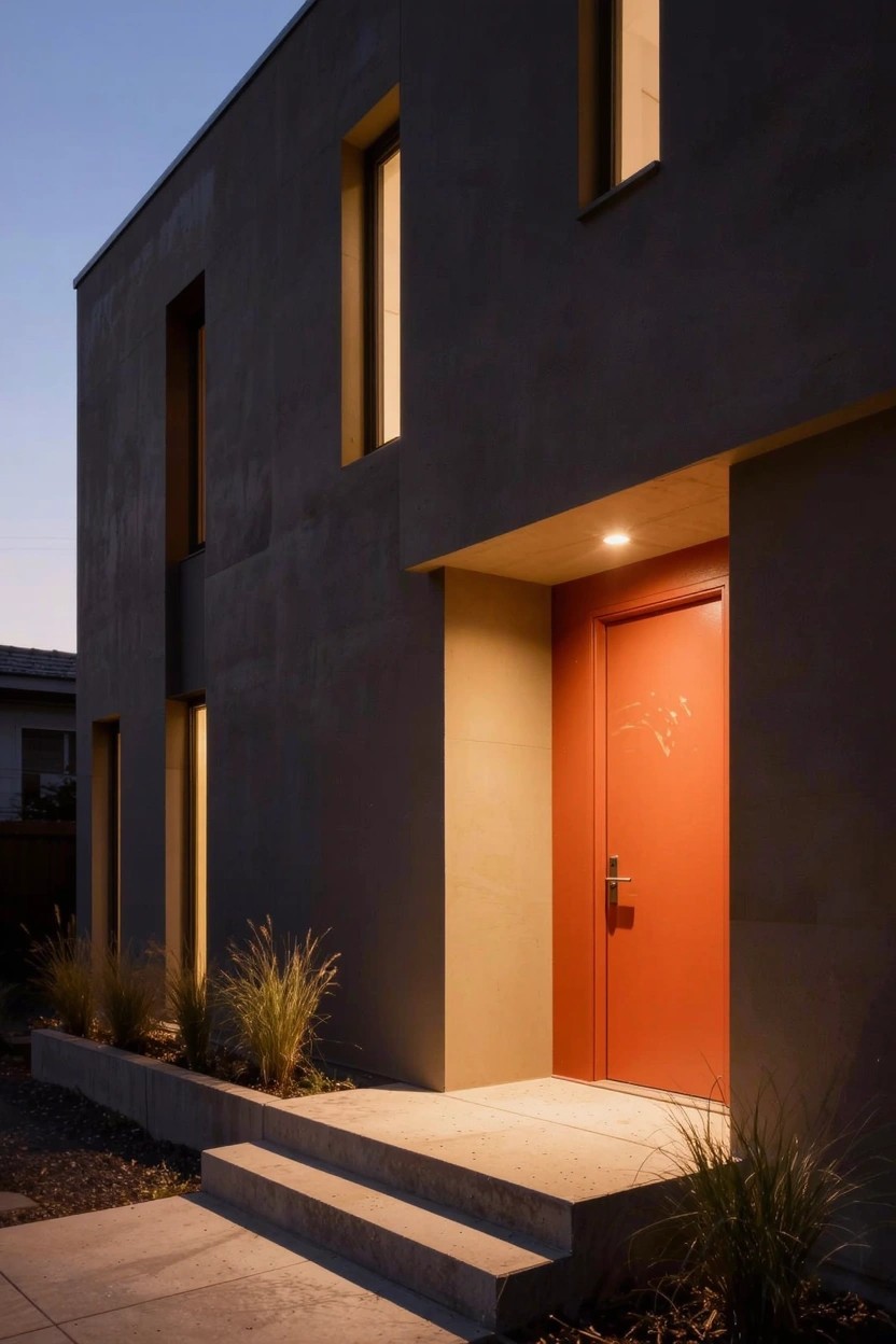 Modern minimalist house exterior at dusk with dark gray stucco walls, narrow vertical windows, illuminated red front door, concrete steps, and ornamental grasses beside the entry.