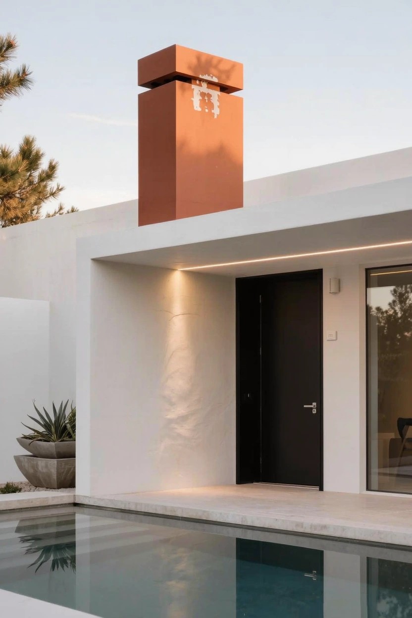 White minimalist house exterior featuring a tall rectangular red chimney stack, black front door under a white overhang, infinity-edge pool, potted agave plant, and pine trees in the background at dusk.
