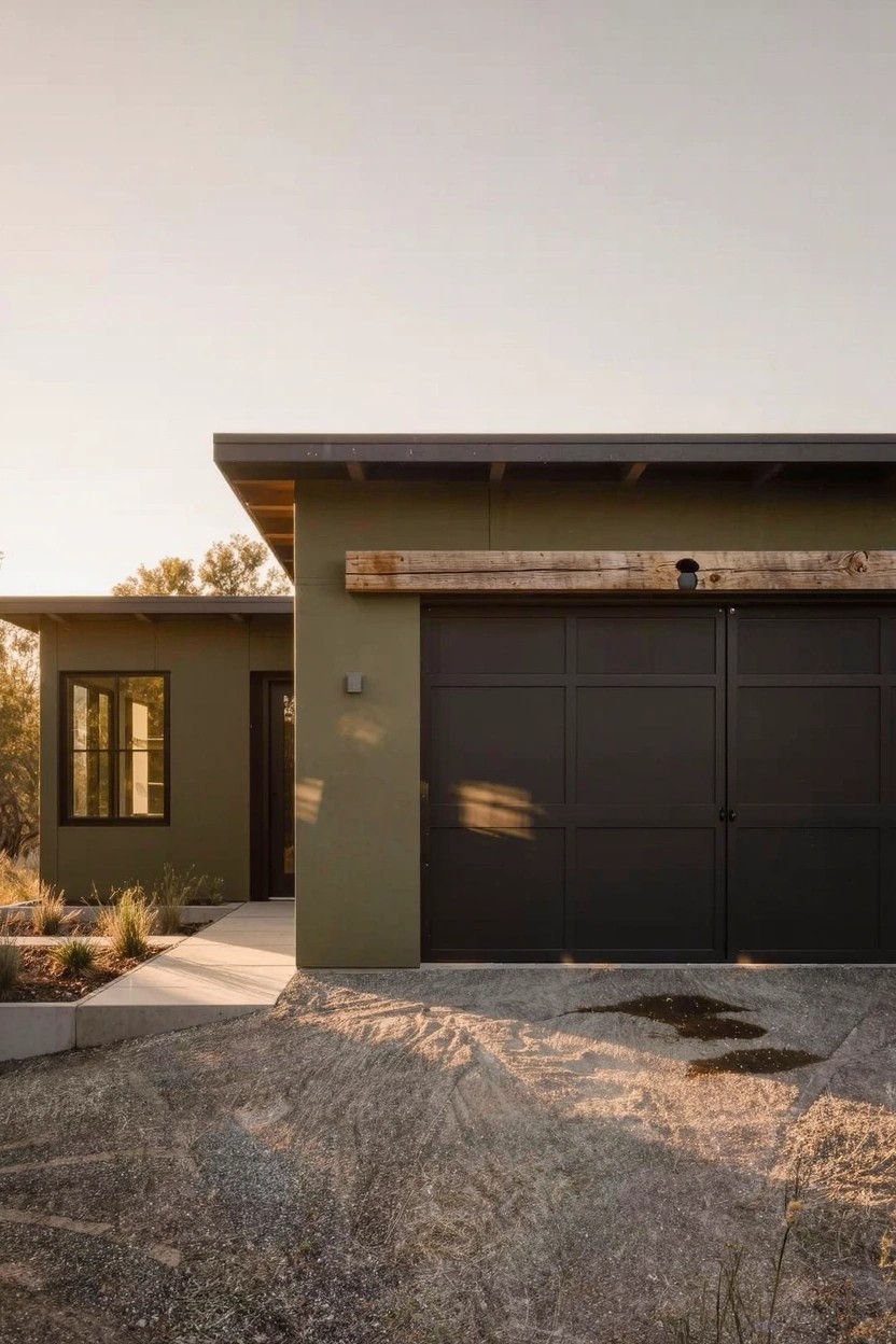 Single-story modern house with sage green walls, black double garage door, exposed wooden beam above garage, large window on side, gravel driveway, sparse grasses, and dirt path in late afternoon light.
