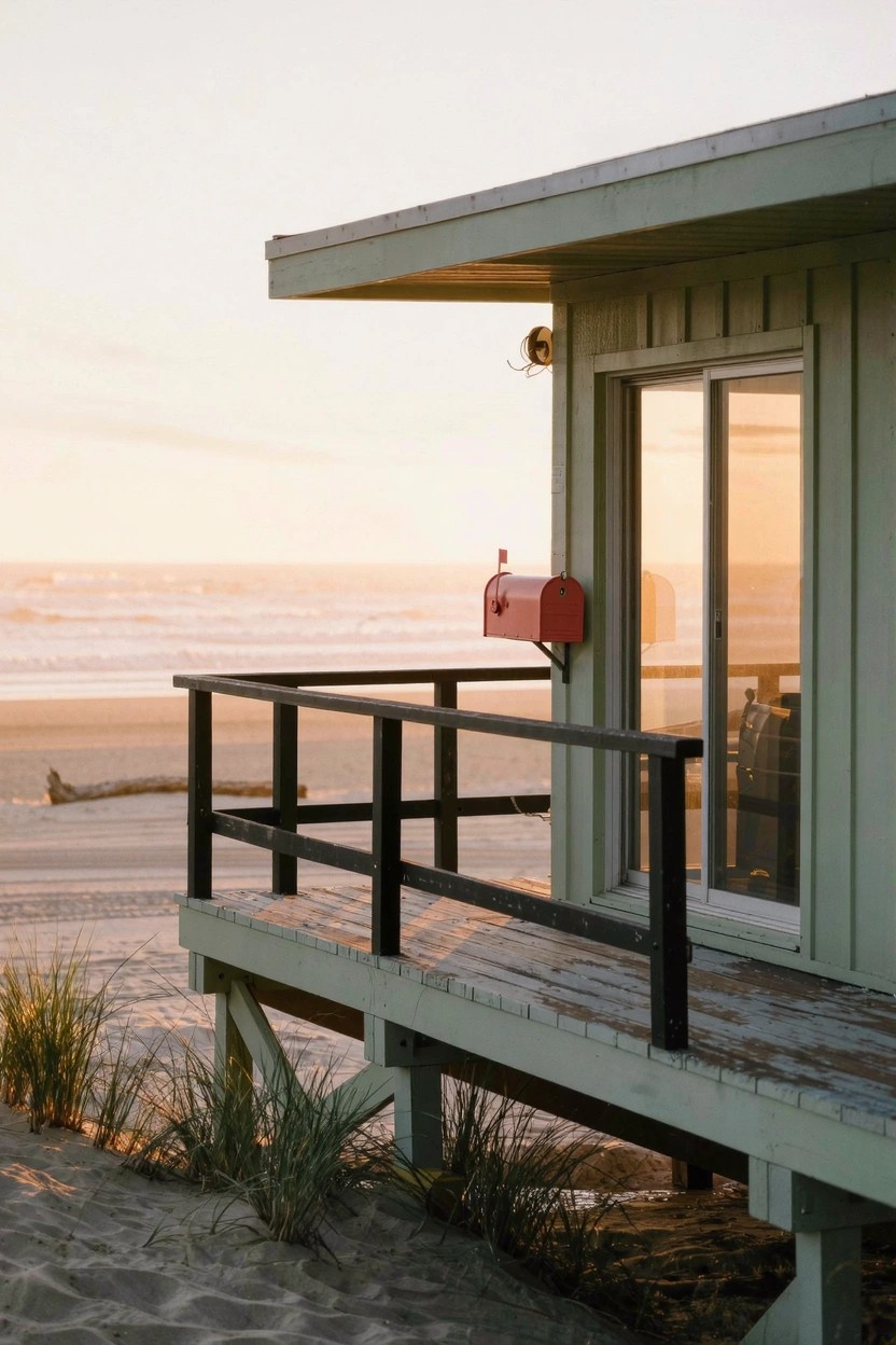 Small elevated green wooden cabin with clapboard siding, glass doors, black railing on a deck, red mailbox, overlooking sandy beach and ocean at sunset.