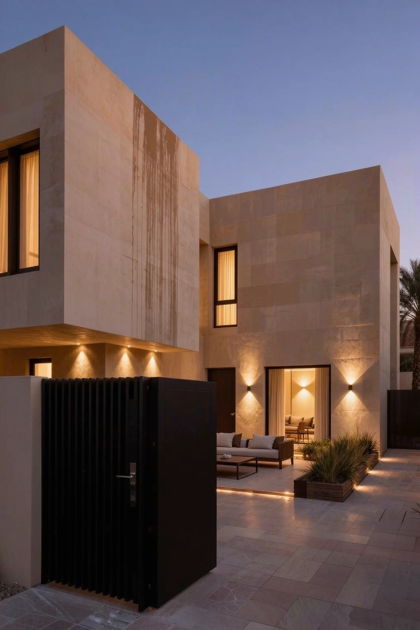 Beige stone house exterior at dusk with black vertical-slatted gate, lit outdoor patio featuring sofa, chairs, plants, and wall lights.