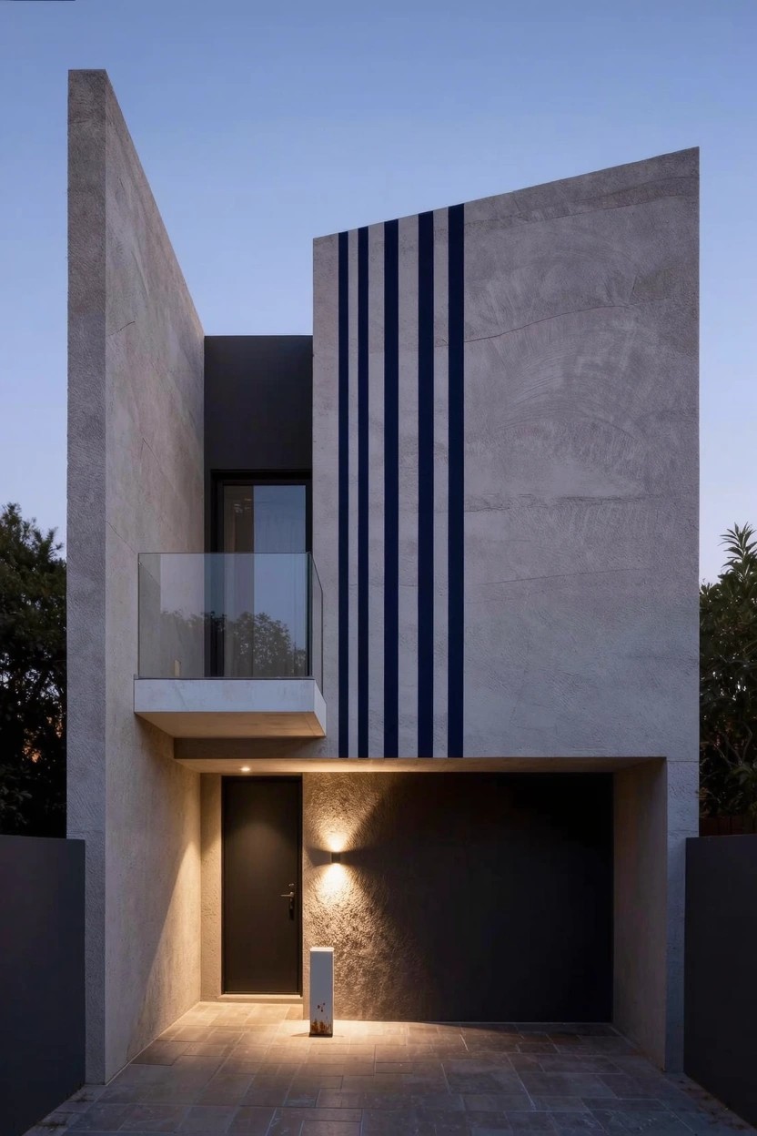 Modern house exterior with light gray concrete walls featuring three tall vertical black stripes on the right side, a glass-railed balcony, black garage door, lit entry door, and trees nearby at dusk.