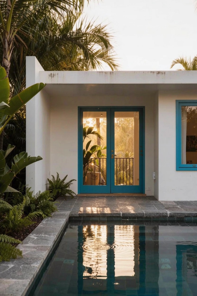 White modernist house exterior with turquoise double doors and window frames next to a rectangular pool edged in slate tiles, surrounded by tropical plants at sunset.