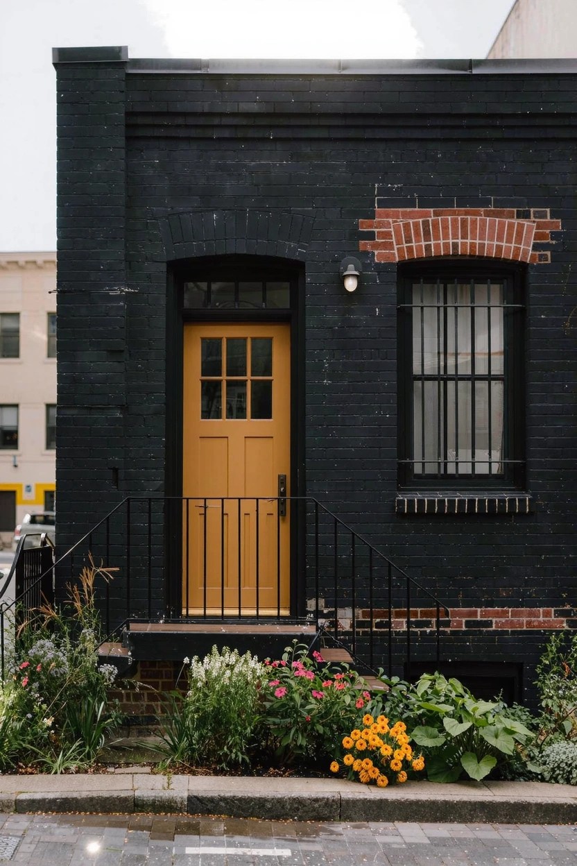 Small black brick house with yellow front door, black-framed window, red brick arch above door, metal porch railing, and flowering plants along the front on a paved street.