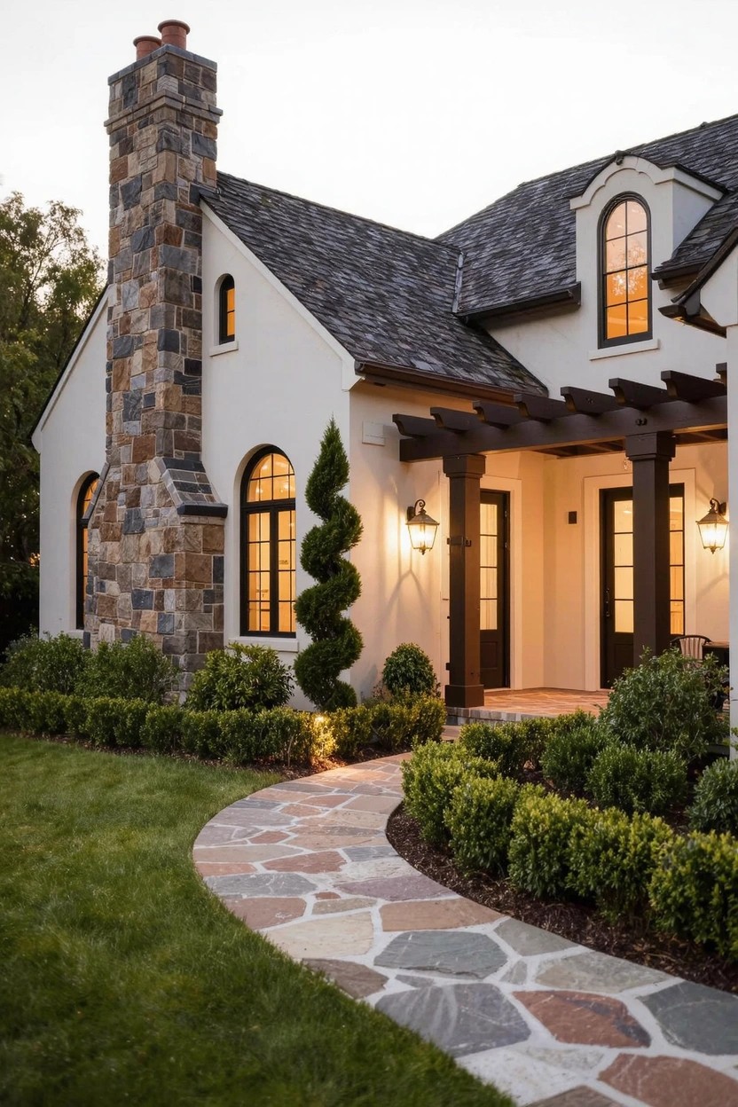 White stucco suburban house with stone chimney and accents, dark beamed covered entry, arched windows, curved flagstone pathway lined with spherical boxwood shrubs, hedges, lawn, and lantern lights at dusk.