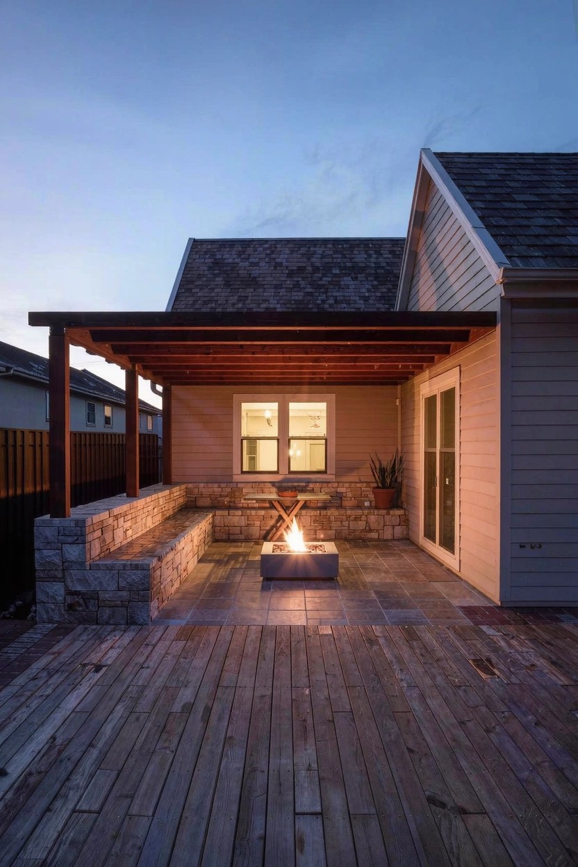 Wooden deck in a suburban backyard at dusk with low stone bench seating arranged around a central square fire pit under a wooden pergola, next to beige house siding with large windows and a sliding door.