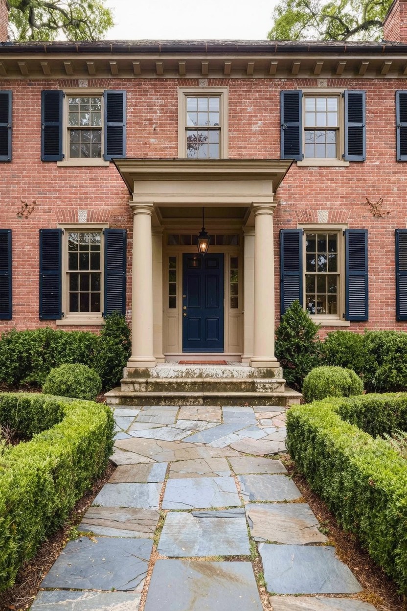 Two-story red brick house with blue shutters on double-hung windows, white trim, beige columned portico over dark blue front door, boxwood hedges, and bluestone pathway.