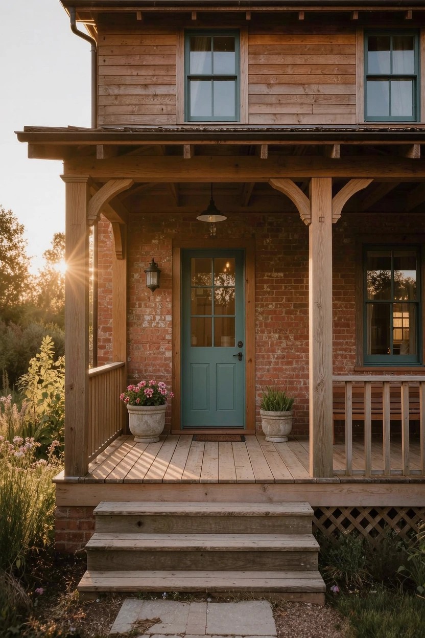 Suburban house exterior with cedar shingle siding on top half, brick walls on bottom, turquoise paneled front door, wooden covered porch with beams and lanterns, potted plants flanking door, stone steps, and garden beds around gravel path at sunset.