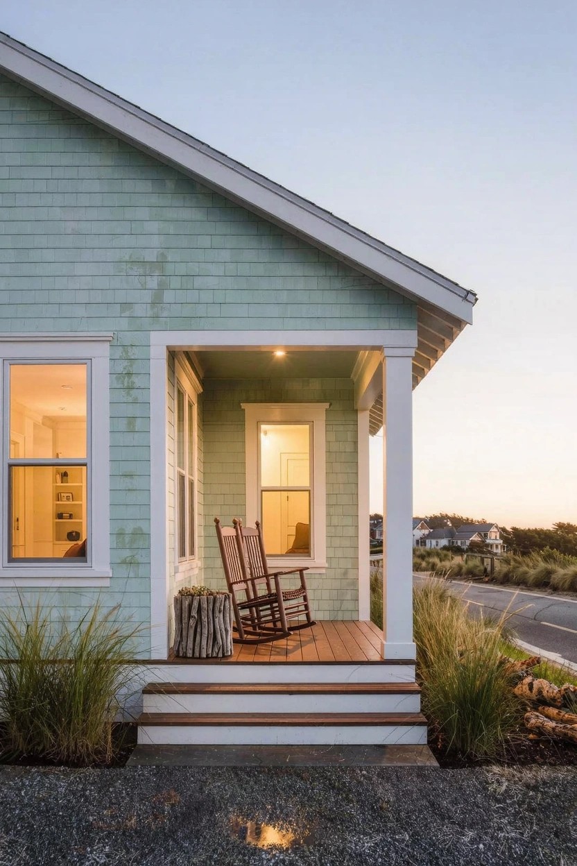Light green shingled house corner with white-columned front porch, rocking chair, wood steps, and grasses in gravel yard at sunset.