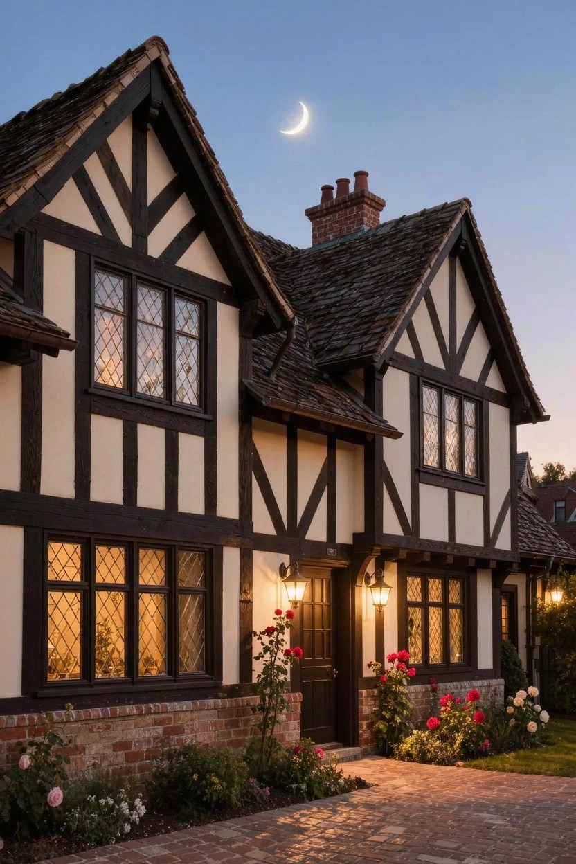 Two-story cream stucco house with black half-timber framing, red front door, rose bushes, brick pathway, lanterns, and crescent moon at dusk.