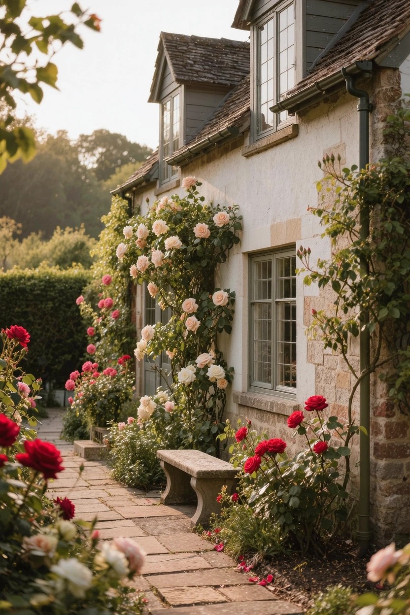 Stone cottage exterior with pink and white climbing roses growing up the walls, a stone pathway leading to the front, a bench nearby, and garden plantings in soft evening light.