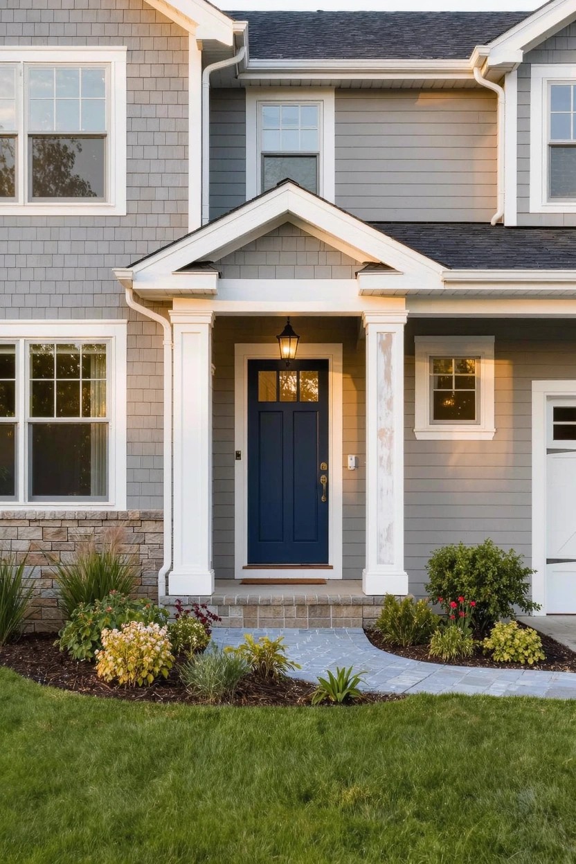 Gray two-story house with shake siding, white trim and columns on a covered front porch, navy blue front door, brick pathway, and landscaped planting beds.