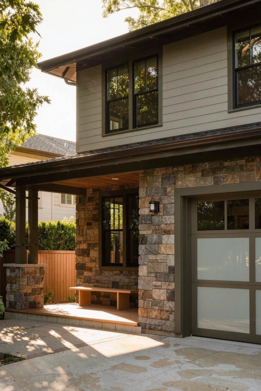 Two-story suburban house with light gray siding upper facade, textured stone base and pillars, covered front porch with wood bench, frosted glass paneled garage door, dark-framed windows, and trees nearby.