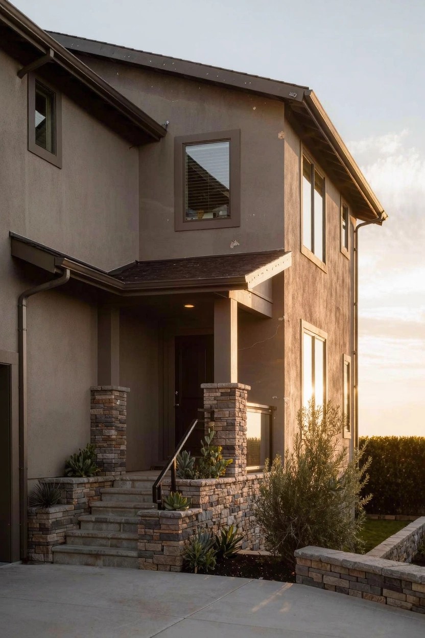 Tan stucco two-story house exterior featuring a covered front porch with stone pillars and steps, flanked by shrubs and agave plants, next to a concrete driveway at sunset.