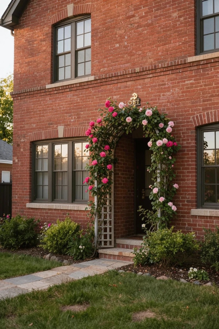 Red brick two-story house with black-framed windows and a front entry door under a trellis arch covered in pink and white climbing roses, next to shrubs and a lawn with stone path.