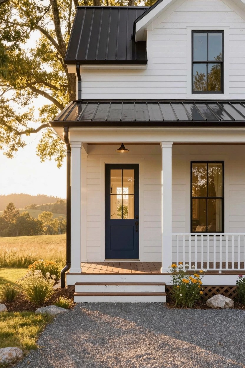 White two-story farmhouse with black metal roof, navy blue front door with glass panels and sidelights, column-supported porch with railing and steps, black-framed windows, gravel driveway, flower beds, shrubs, and trees on a grassy lot at sunset.