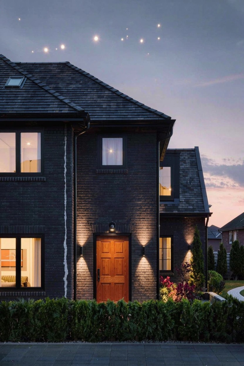 A two-story black brick suburban house at dusk with a central wooden front door flanked by two black wall lanterns, low hedges along the front, and a paved pathway.
